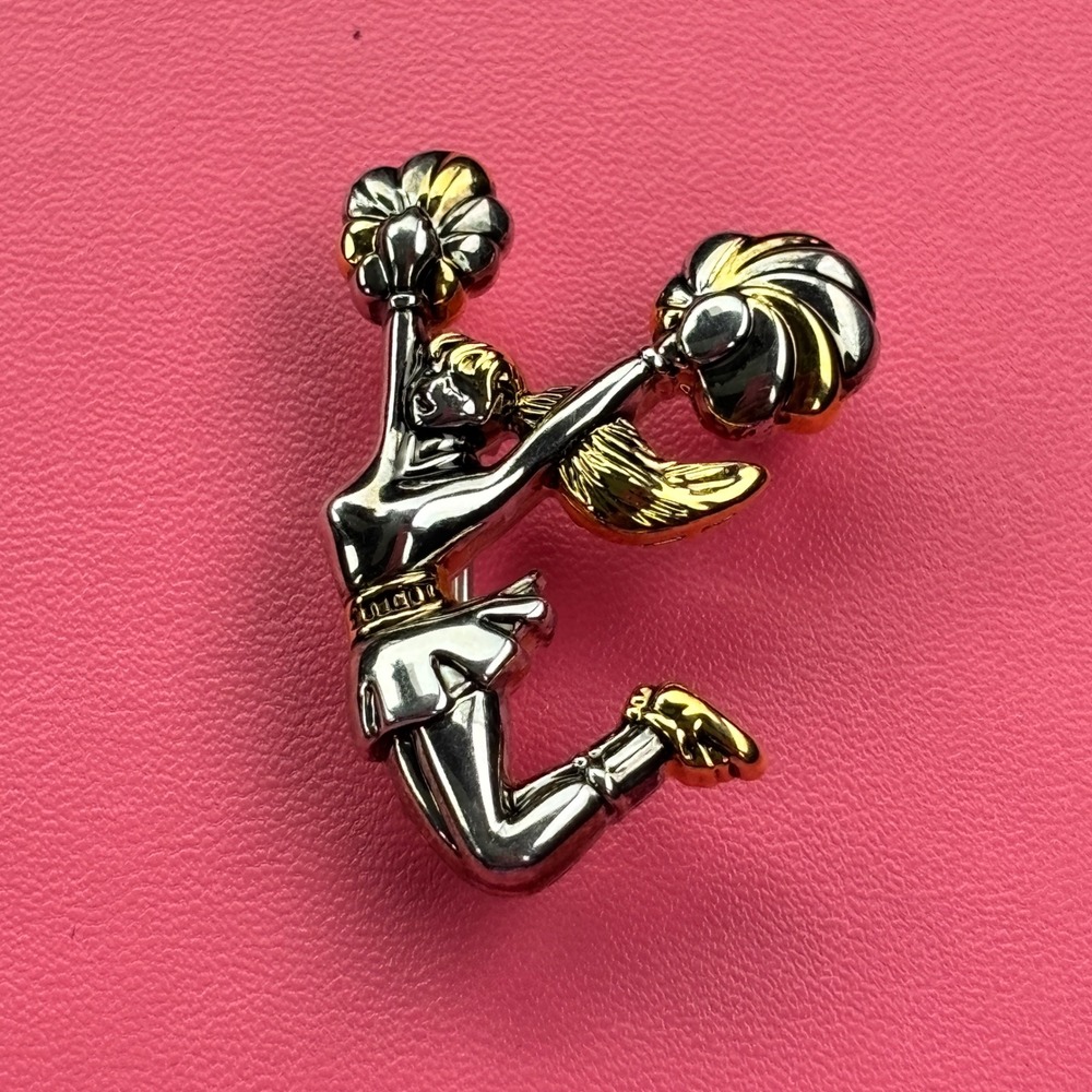 Vintage Mixed Metal Jumping Pom Pom Cheerleader Brooch/Pin/Pendant Signed BEST